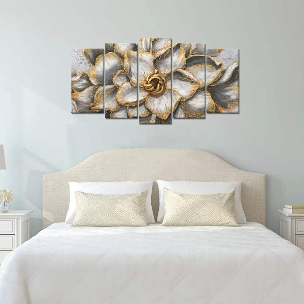 Livingroom Painting Gold Gray Flowers Vintage Abstract Elegant Print Decor Home