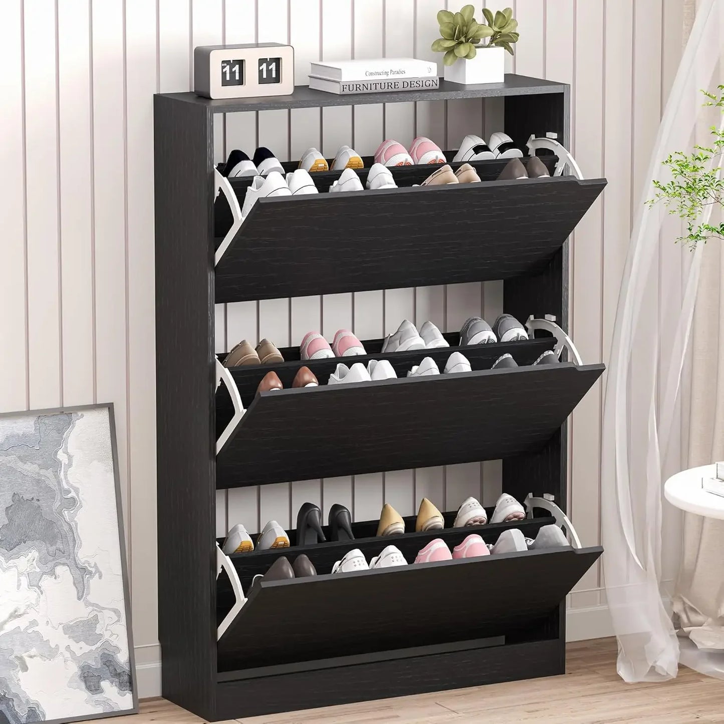 Hidden Wood Freestanding Shoe Storage Cabinet for Entryway Hallway