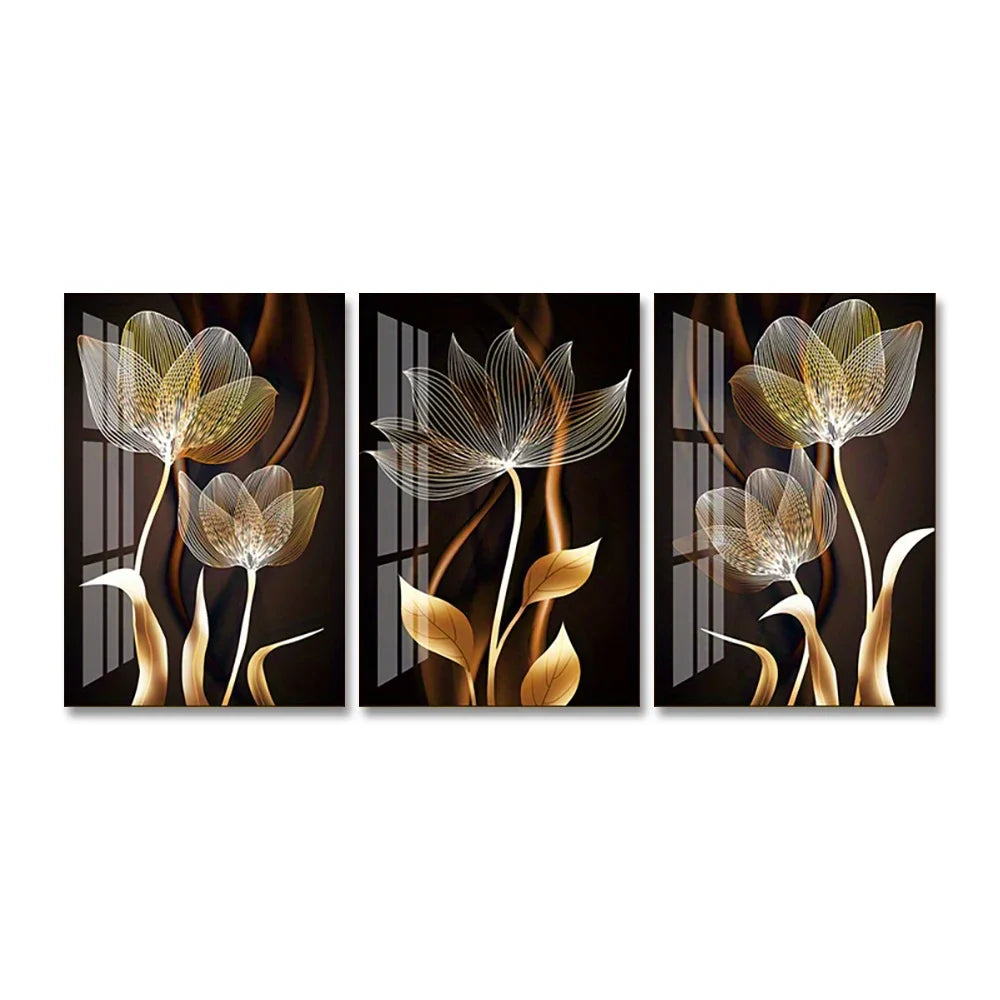 3PCS Black and Golden Flower Wall Art Canvas Painting for Living Room