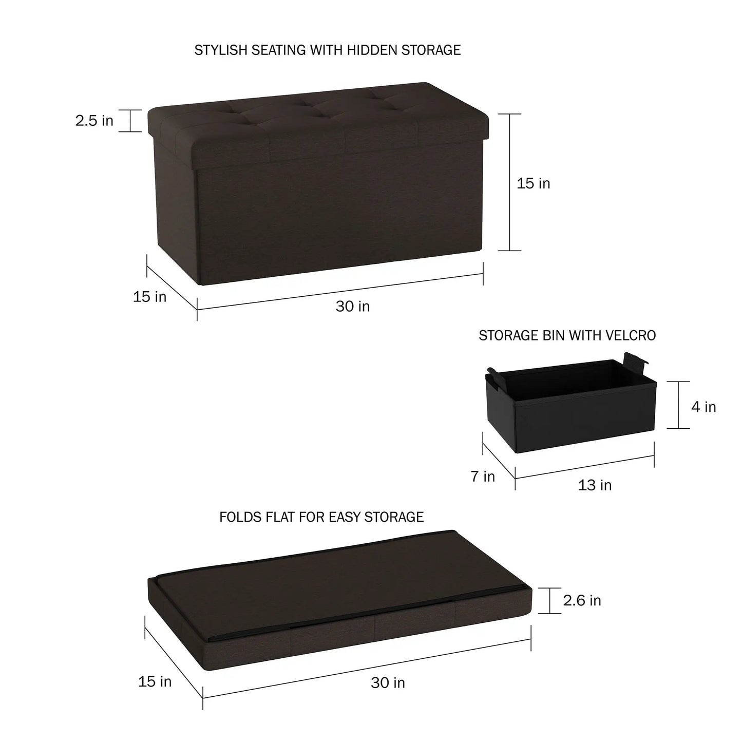 30-inch Folding Storage Ottoman with Removable bin Brown