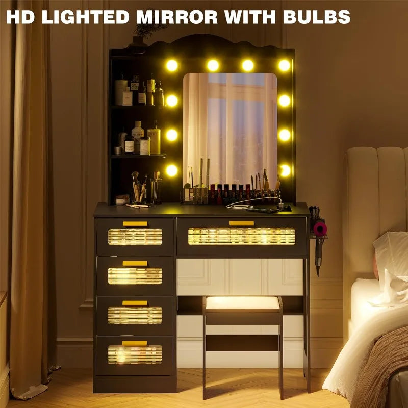 LED Makeup Vanity Table with Charging Station Drawers, Hair Dryer Rack