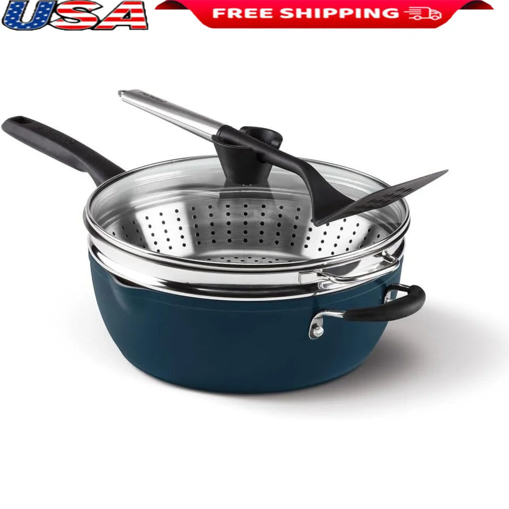 Multi-Purpose Pan Set 4-Pc Nonstick Cookware Steamer Slotted Turner Advanced Release System EasyGrip Handles Cooking Utensil