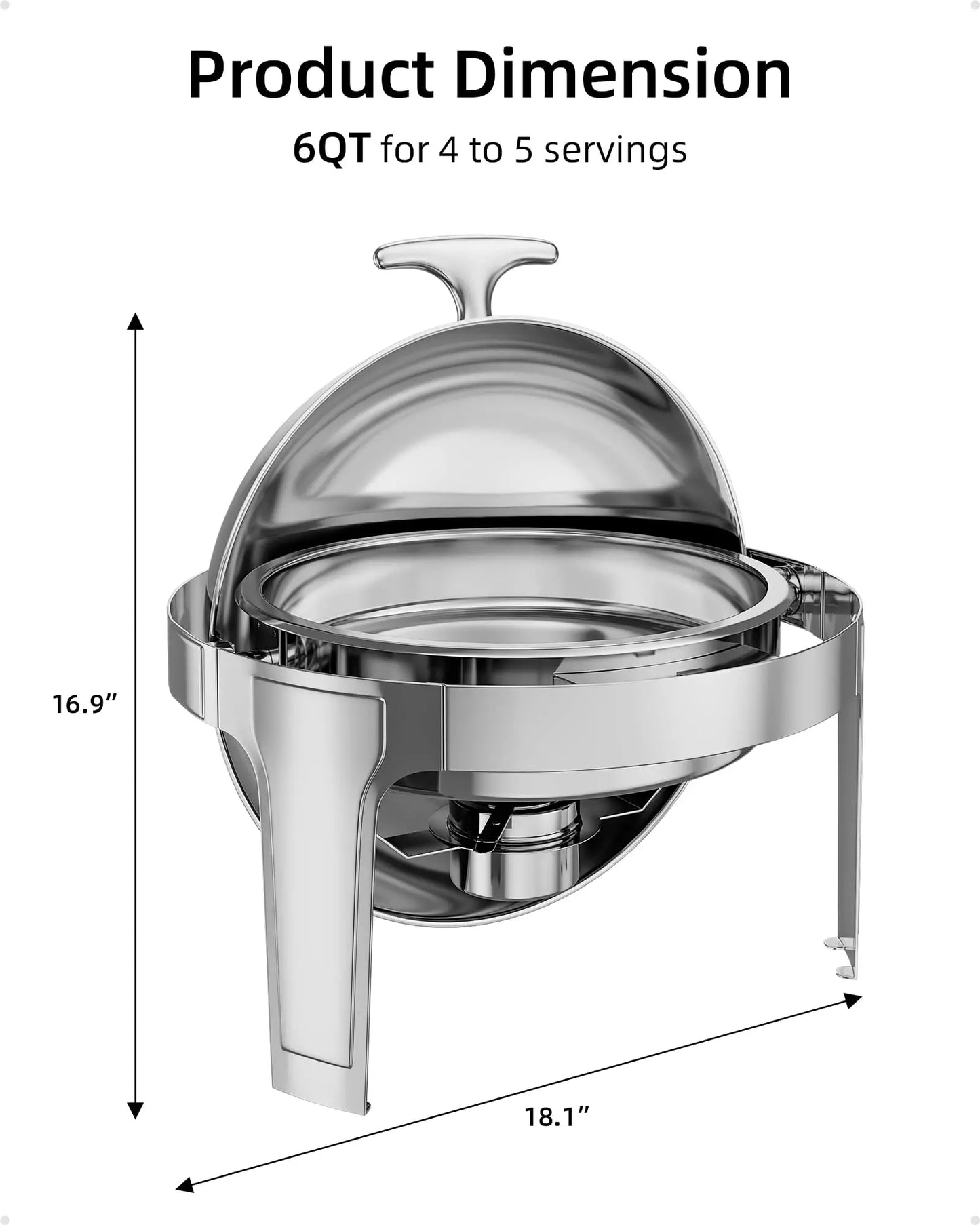 Set 6 QT Stainless Steel Chafer Round Catering Food Warmer Server with Lid Water Pan Stand