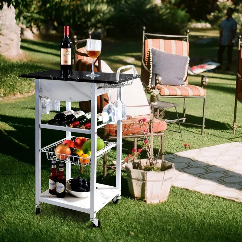 Mobile Drink Cart 4 Tier with Glass Holders Faux Marble Top