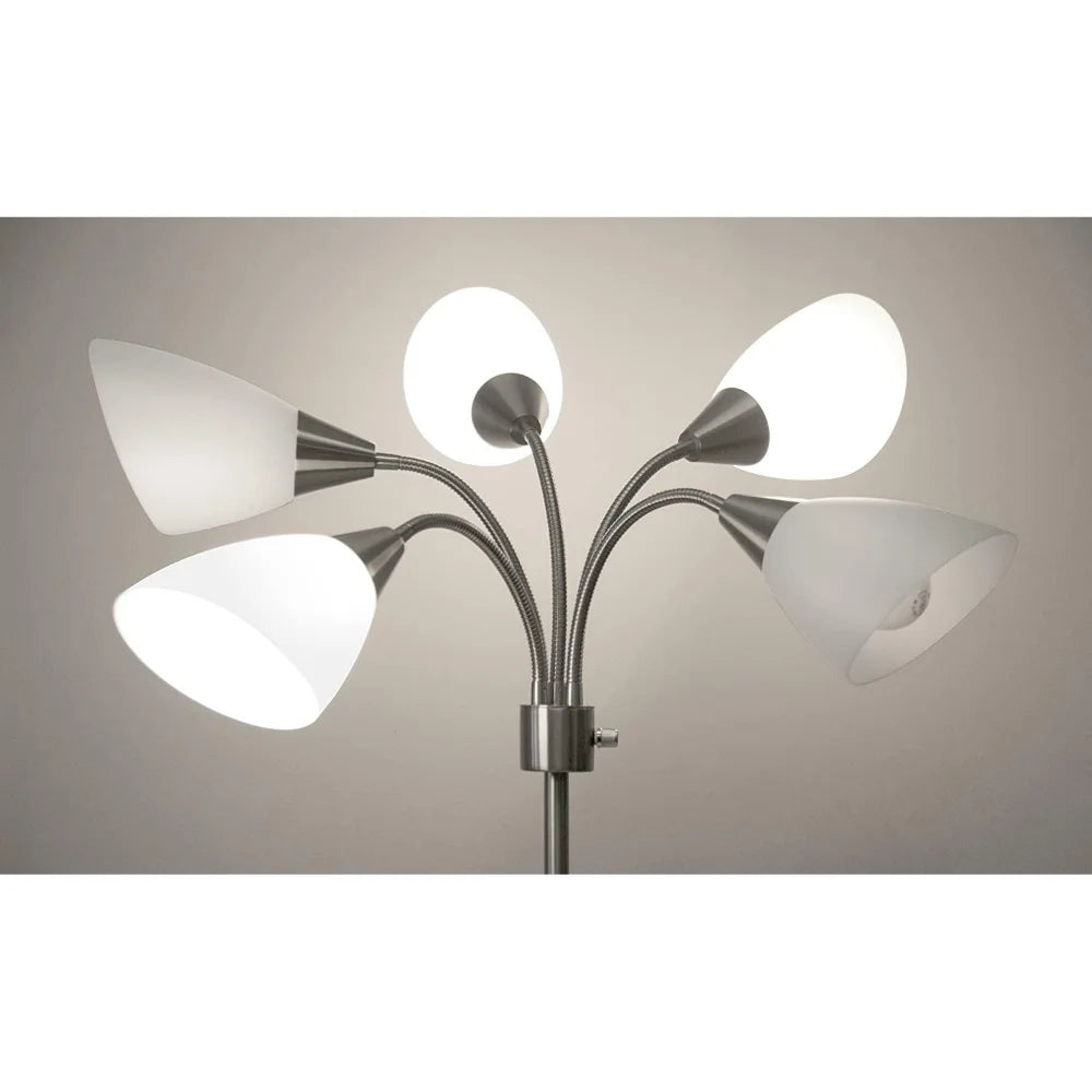 Five Light Floor Lamp, Brushed Steel, White Frosted Plastic Shade