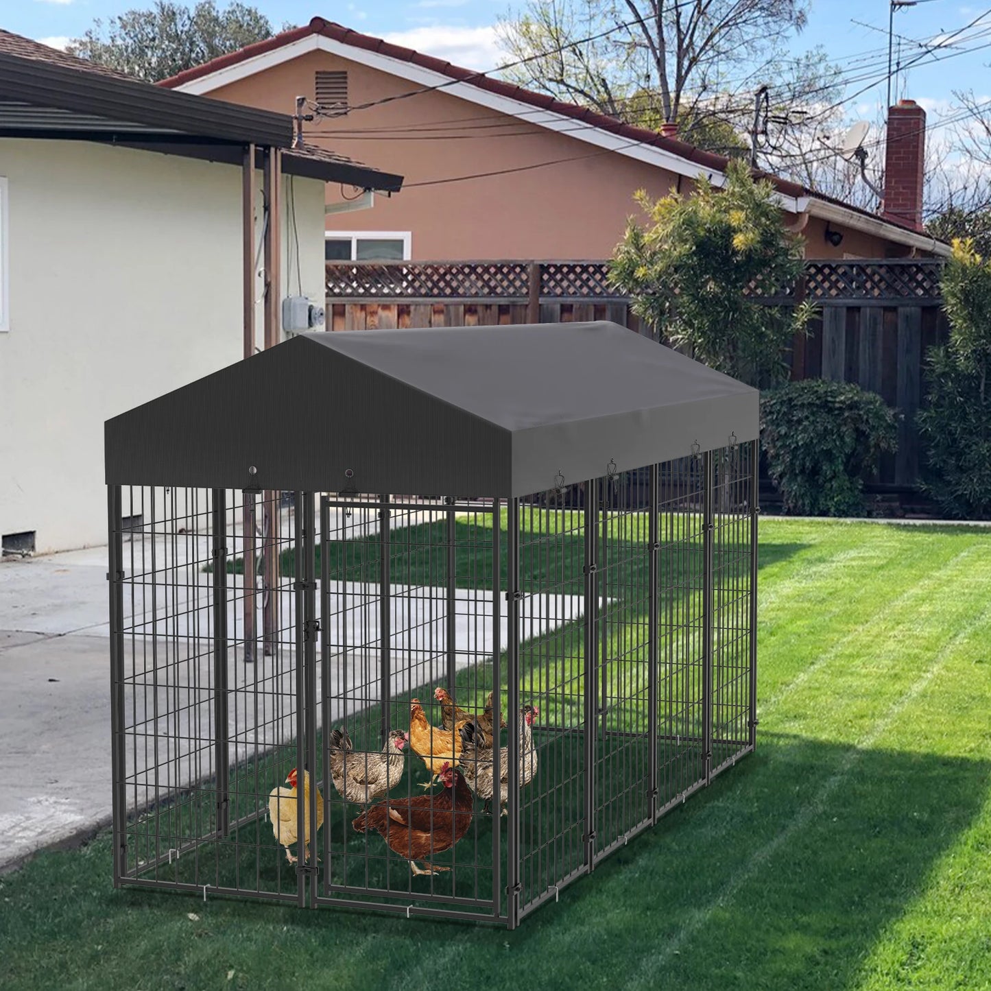 Large Dog Kennels and Runs Crates for Yard with Stakes Waterproof Cover Canopy