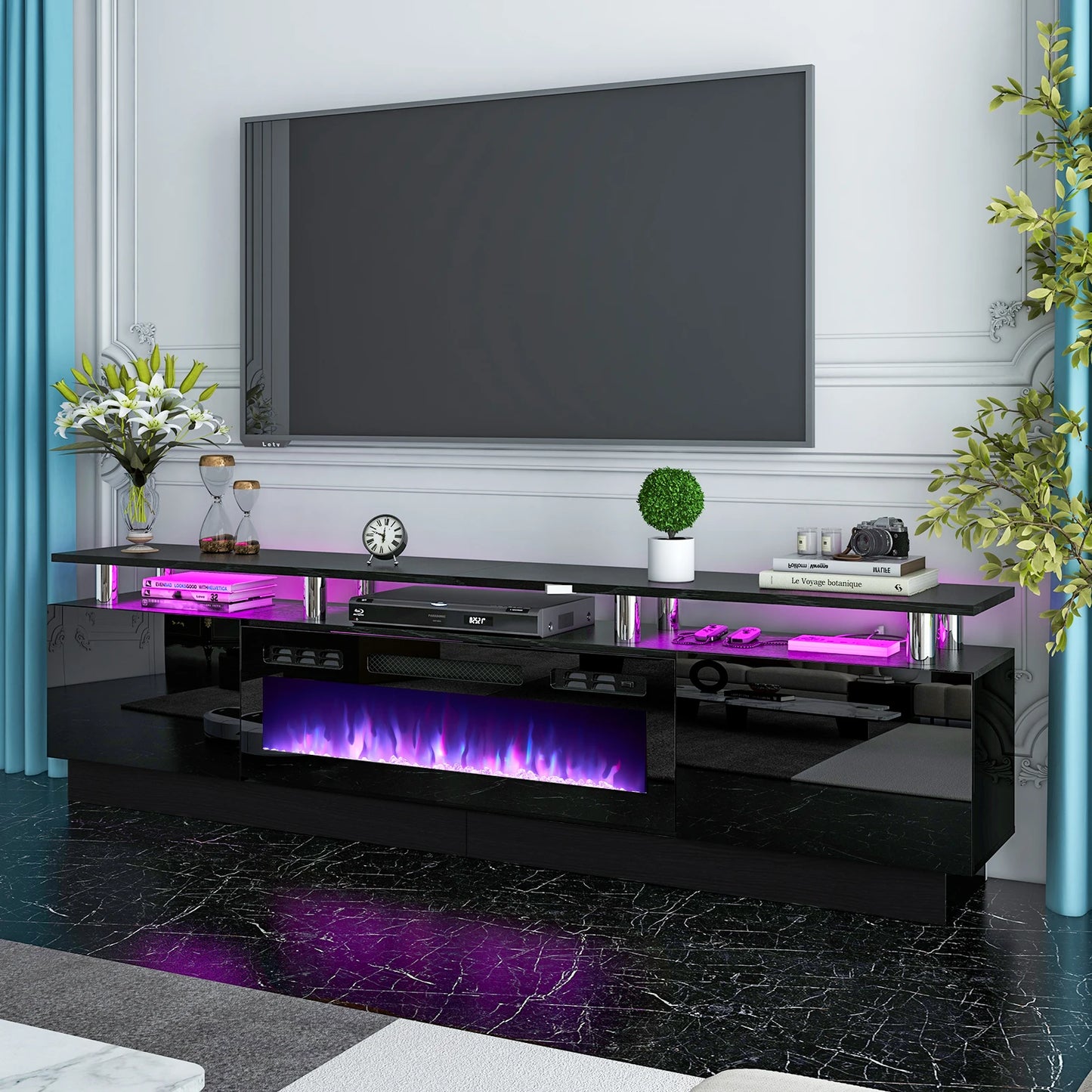 TV Stand with 36" Electric Fireplace, LED Light Entertainment Center, Modern Wood Texture Entertainment Stand, Black