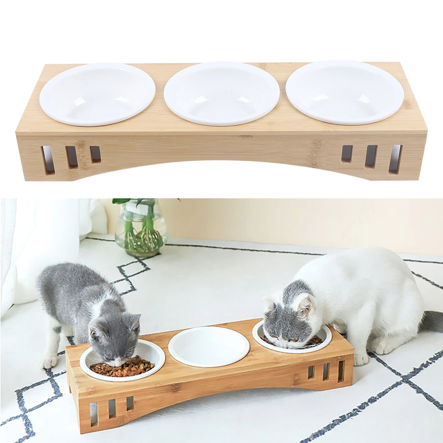 Cat Bowl Feeding and Water 3-Bowl Feeding Station with Raised Bamboo Stand