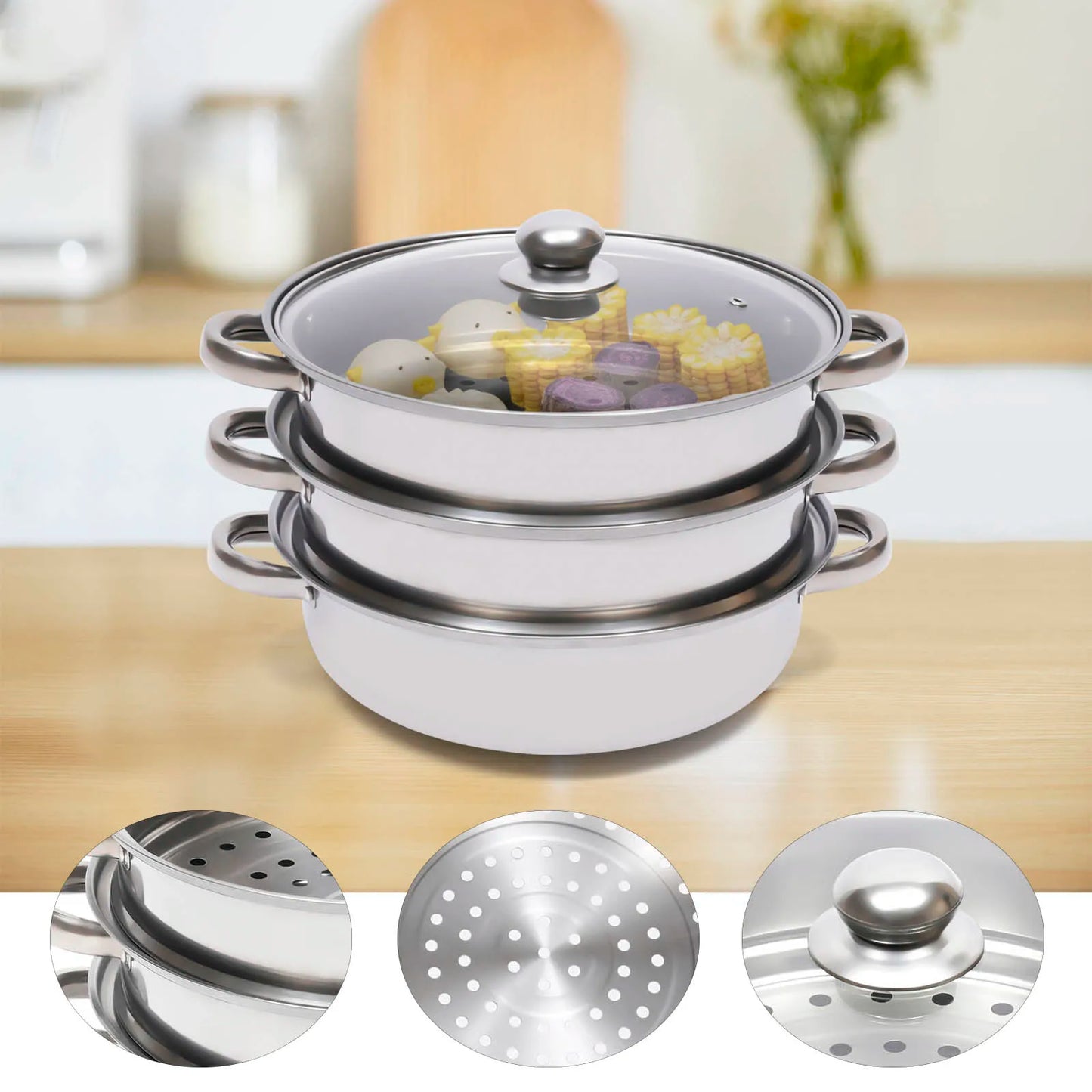 11" 3 tier Steamer Stainless Steel Food Veg Pot Sets W/Glass Lid