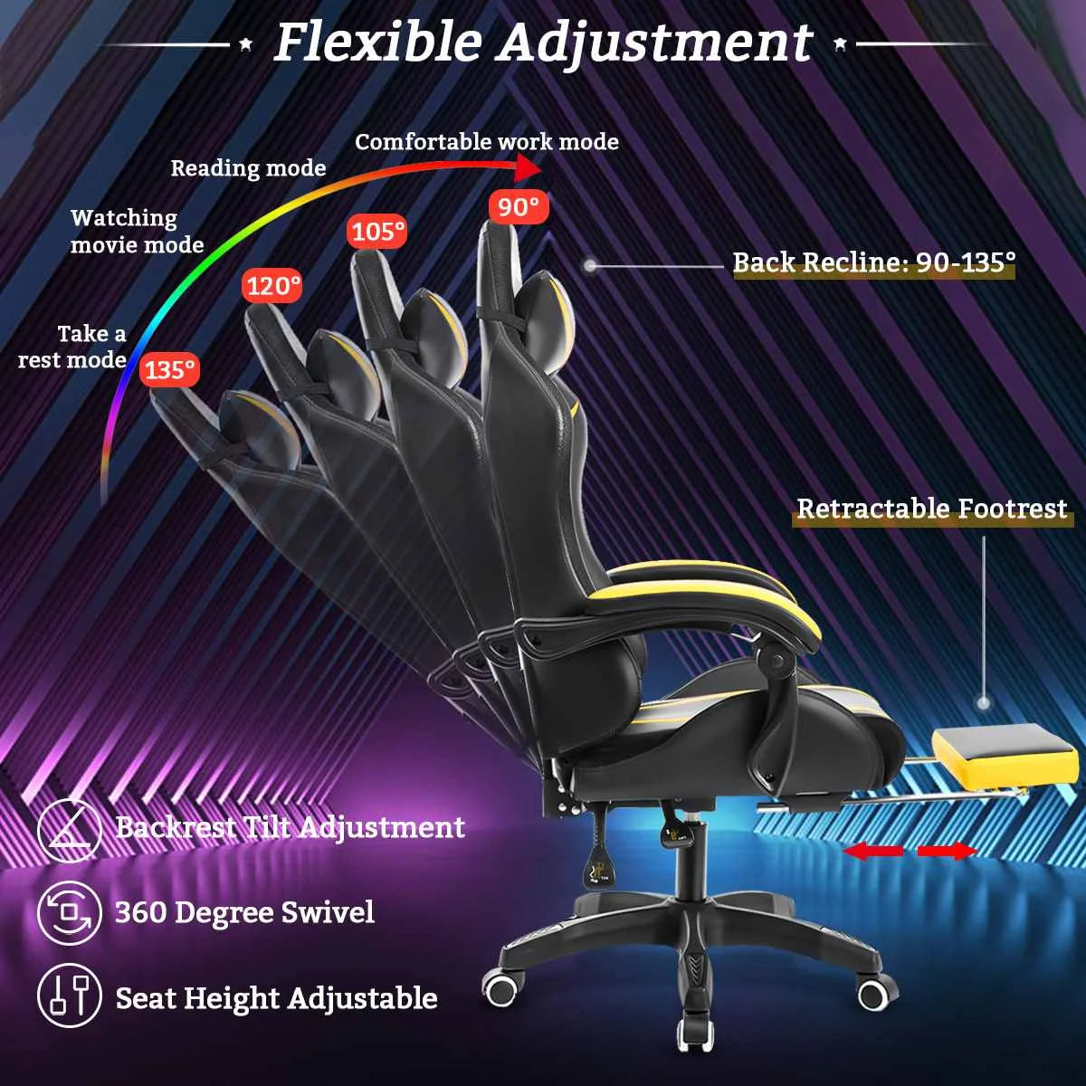 Light Gamer Computer Chair Ergonomic Swivel Chair 2 Point Massage & 135° Reclining with Footrest