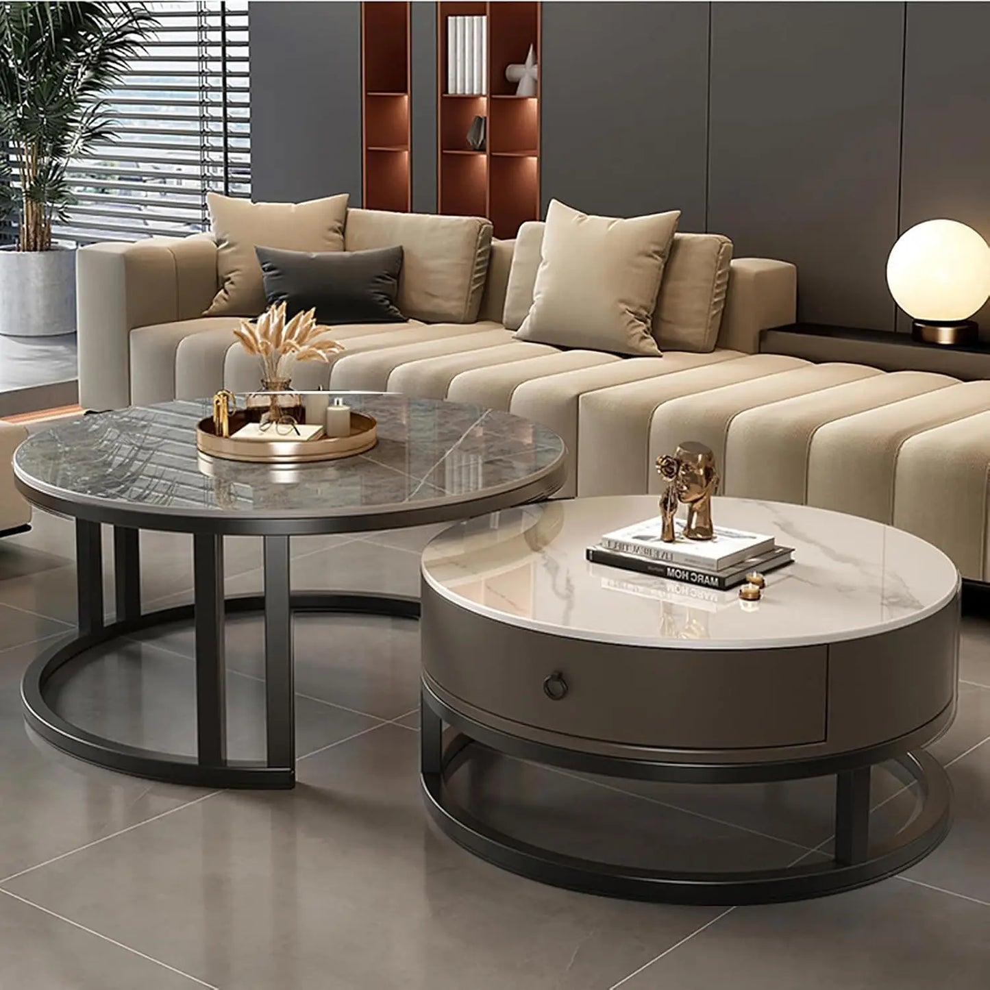 Coffee Table with drawer,round,soild wood metal frame sliding design