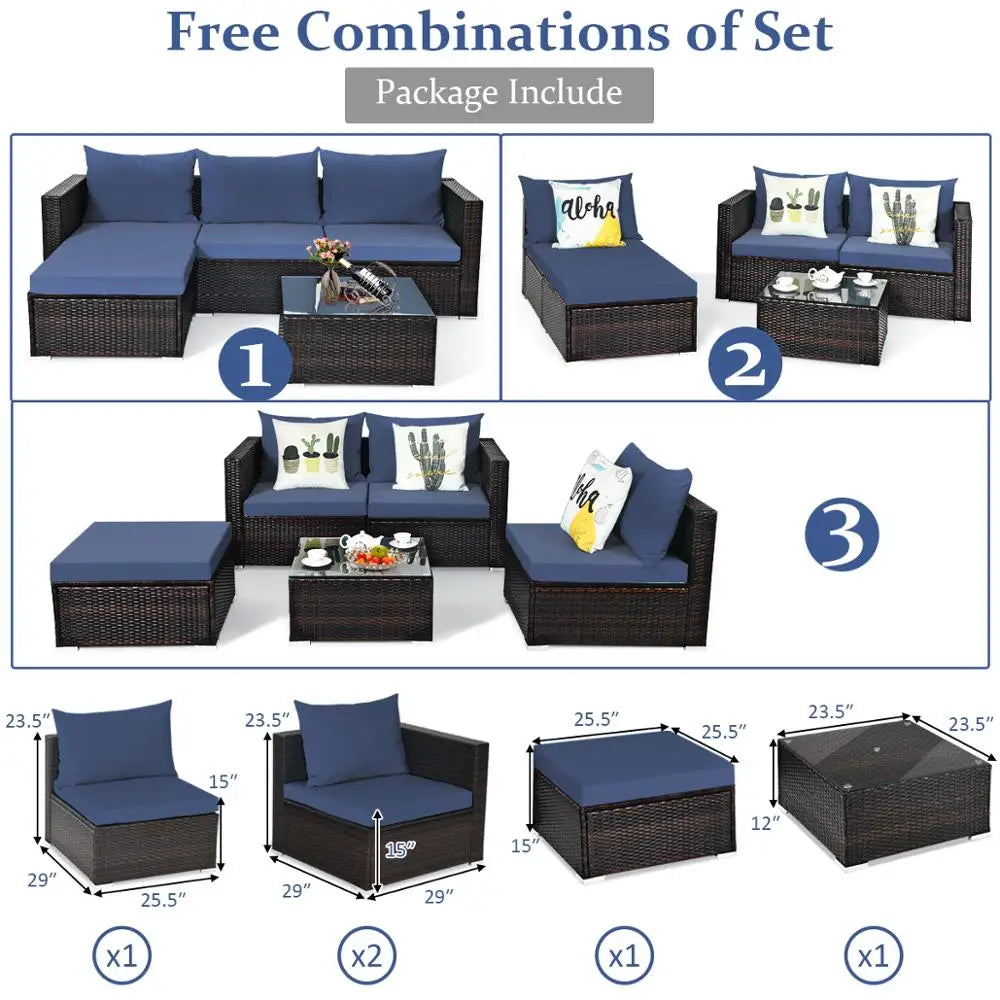 5PCS Patio Rattan Furniture Set Sectional Conversation Sofa w/ Coffee Table HW66521