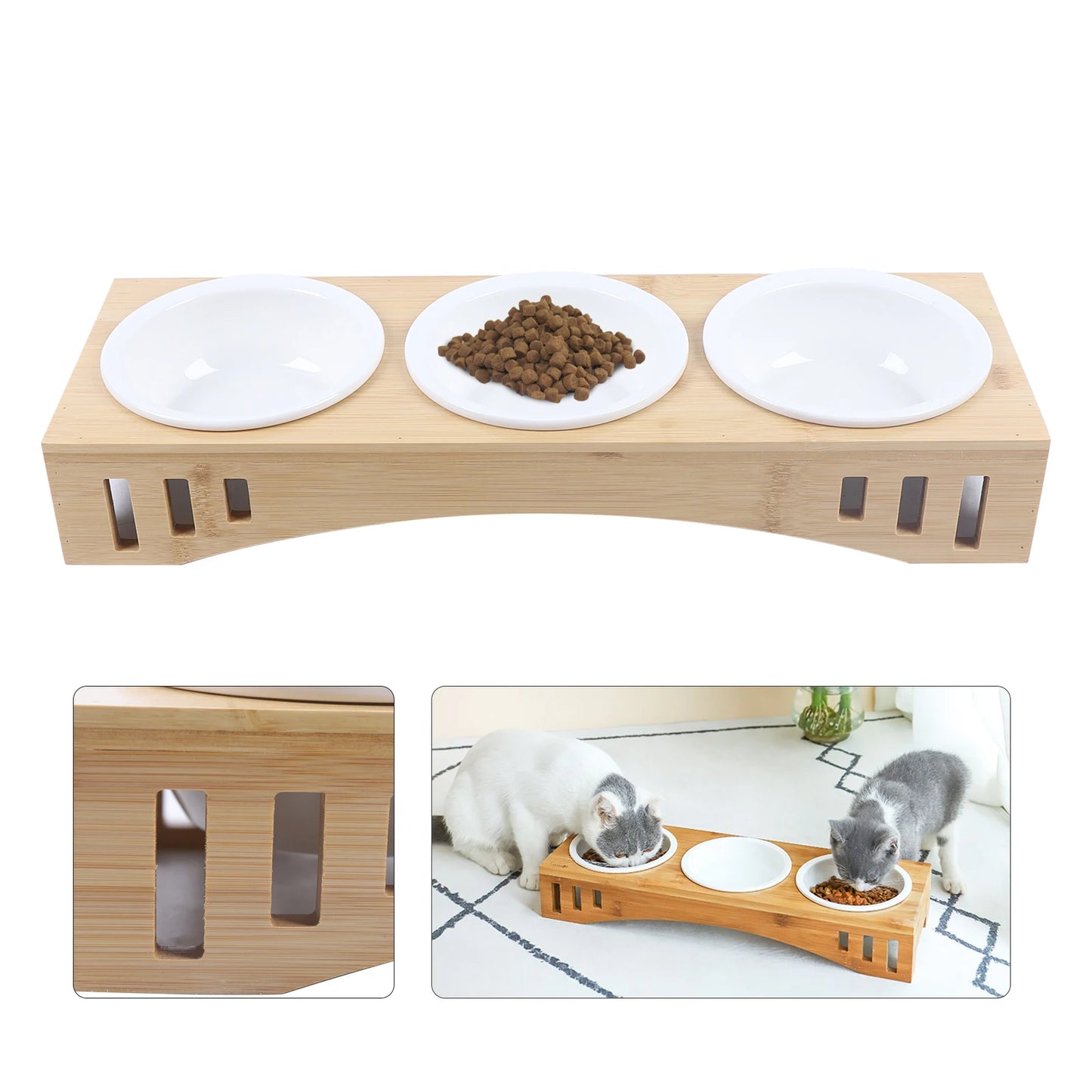 Cat Bowl Feeding and Water 3-Bowl Feeding Station with Raised Bamboo Stand