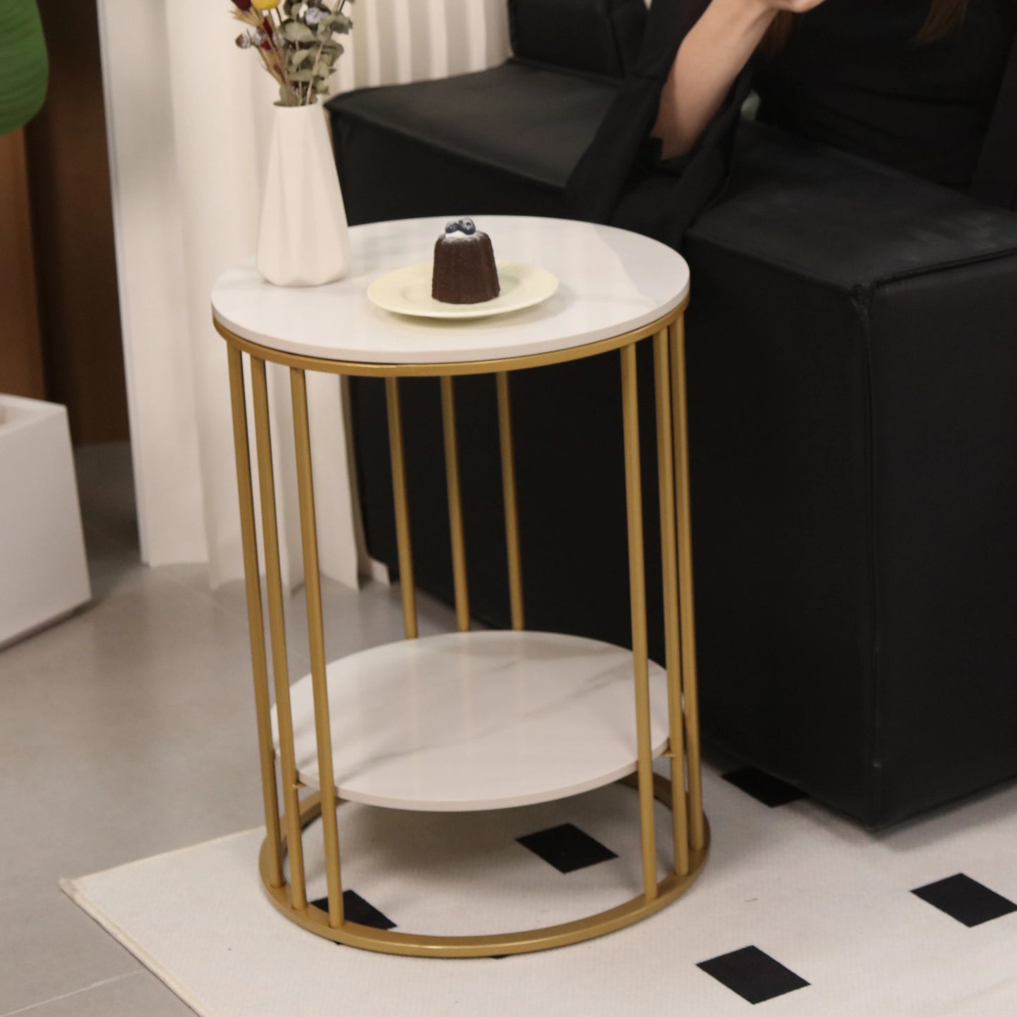 2-Tier White Marble Side Table Round Coffee Table Nightstand