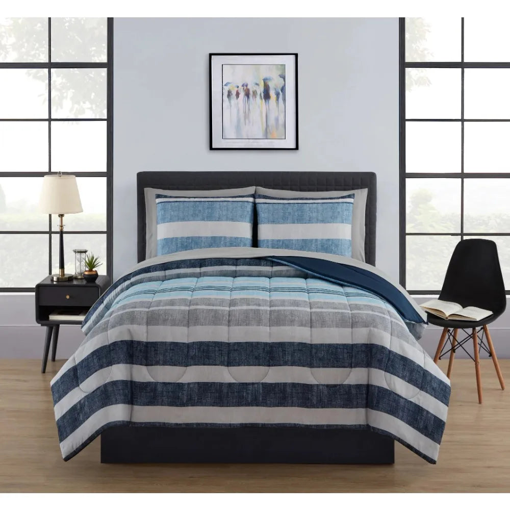 Blue Stripe 7 Piece Bed in a Bag Comforter Set