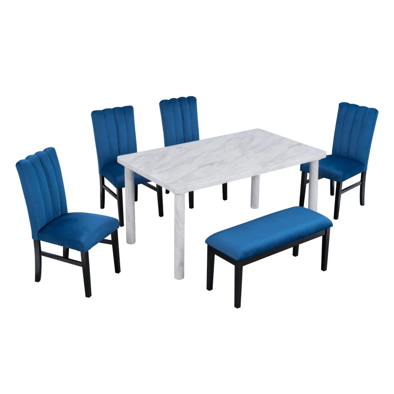 6-Piece Dining Table Set with Marble Table and 4 Upholstered Dining Chairs & Bench