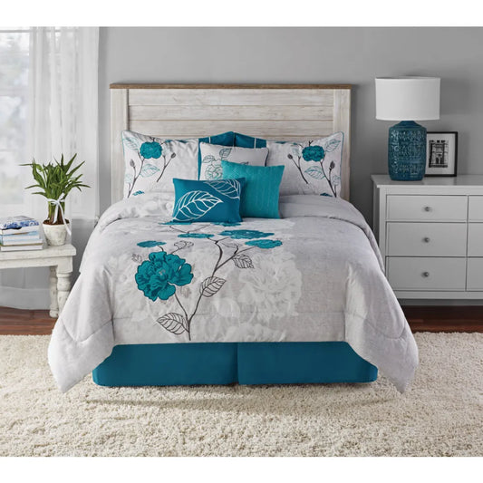 7-Piece Teal Comforter Full/Queen, with Embroidered Detail Bedding Set