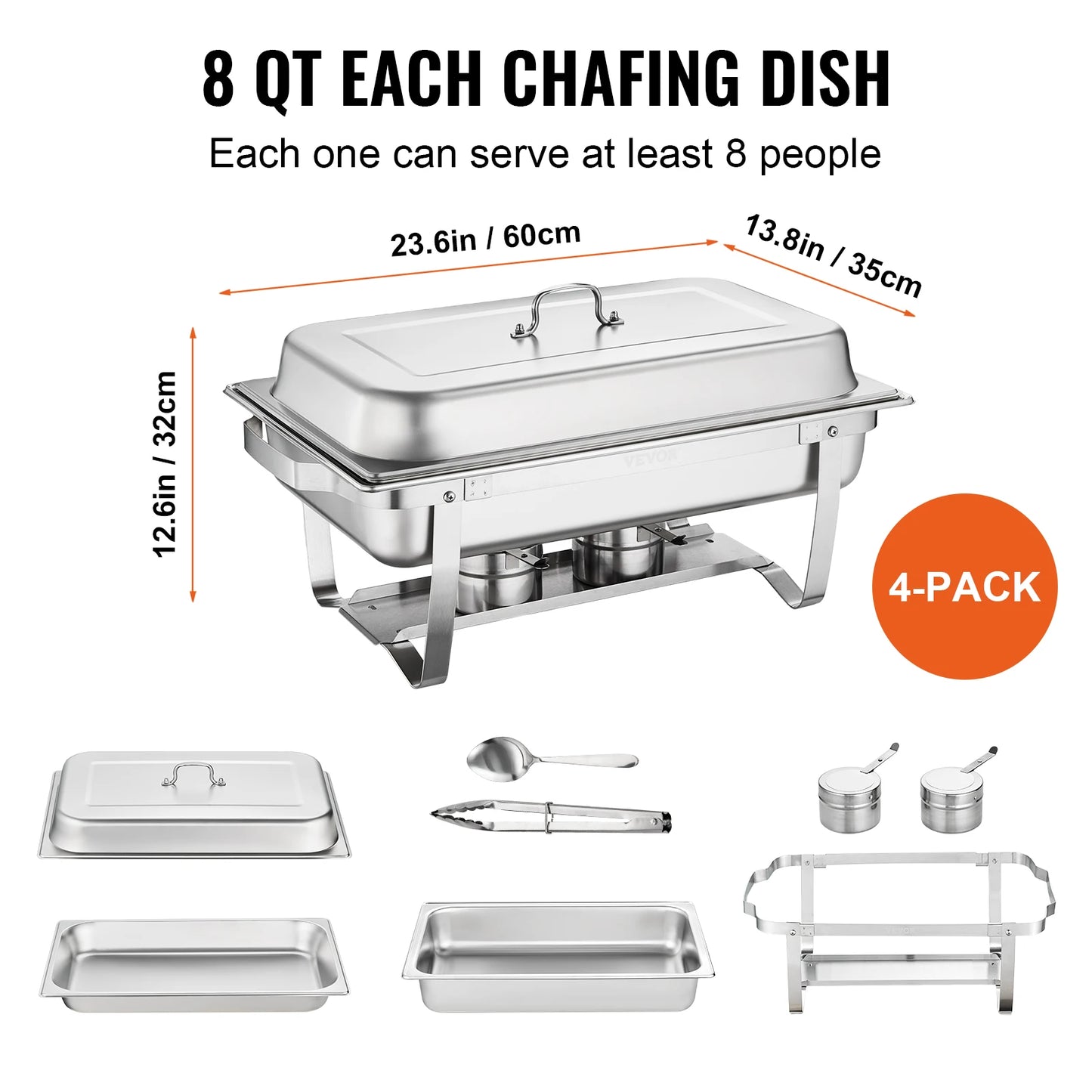 8QT Rectangle Chafing Dish 4/6 Packs Stainless Steel Chafer with Full Size pans