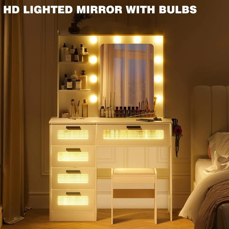 LED Makeup Vanity Table with Charging Station Drawers, Hair Dryer Rack