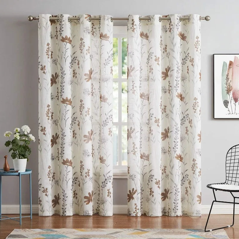 Printed Sheer Curtains Farmhouse Style Window Panel Drapes Set Grommet