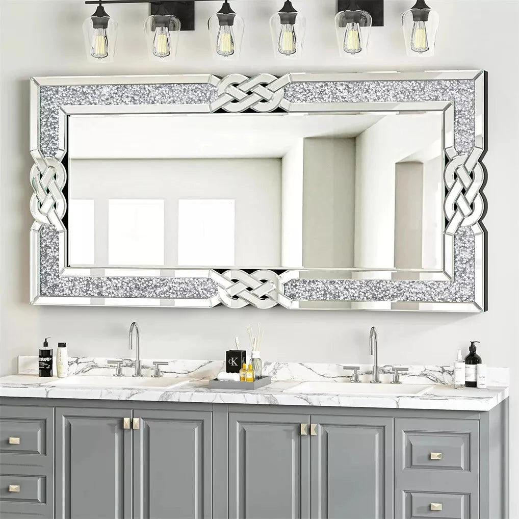 Crushed Diamond Wall Mirror Silver Vanity with Decorative Glam Bling Crystal Frame Edge