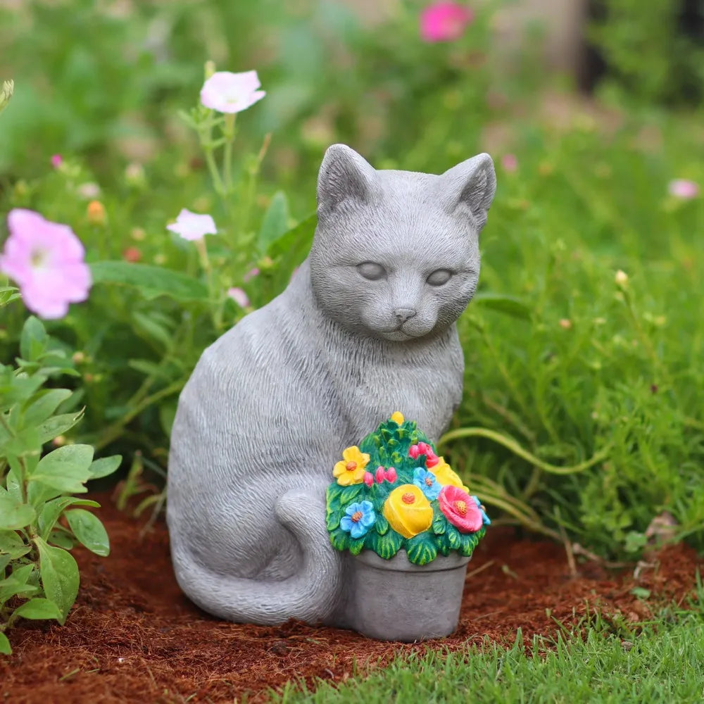 2 Pack White Bunny Grey Cat Garden Statue Garden Sculptures