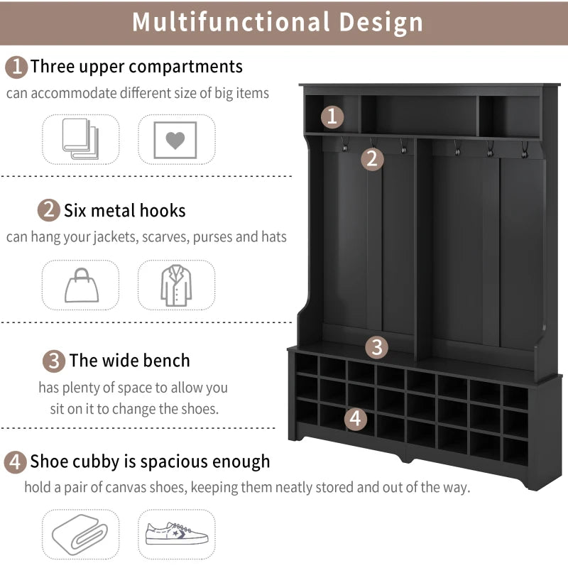 Black Modern Style Multiple Functions Hallway Coat Rack 60" Wide with 24 Shoe Cubbies