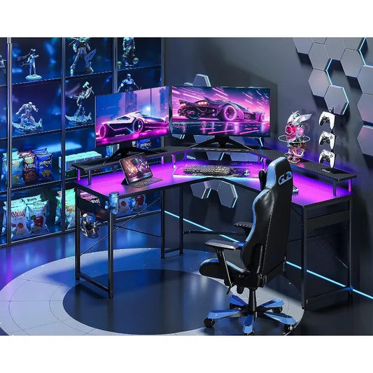 L Shaped Gaming Desk with LED Lights & Power Outlets, Computer Desk