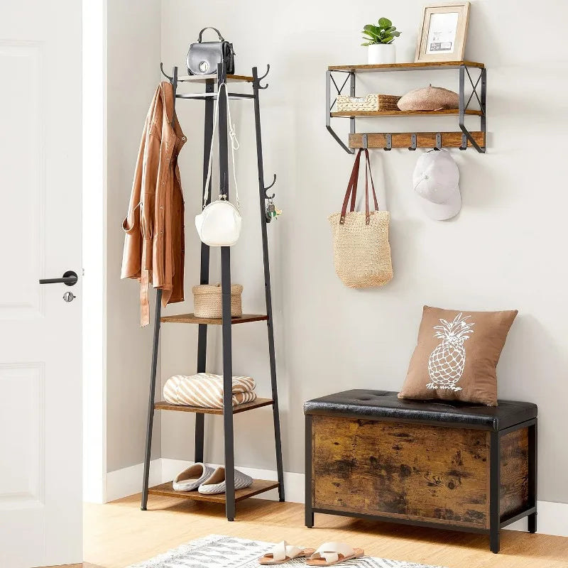 Coat Rack with 3 Shelves, Stand with Hooks for Scarves Bags and Umbrellas