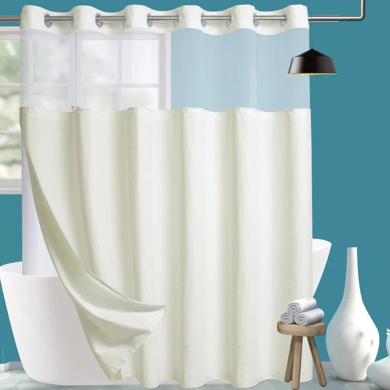 Fabric Shower Curtain Set with Snap in Line See Through Top Window, Waffle Weave Shower Curtain