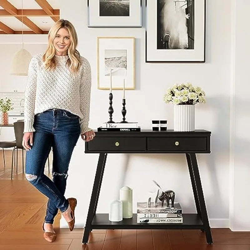 Black Narrow Entryway Table with Shelves and storage