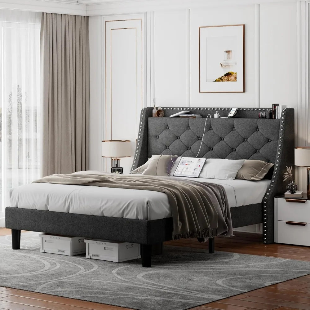 Queen Size Bed Frame with Luxury Upholstered Button Tufted Storage Headboard