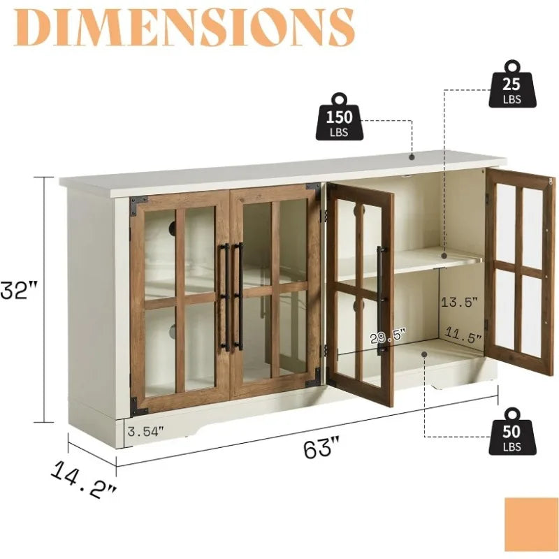 63" Buffet Sideboard Cabinet with Storage, with 4 Glass Doors & Adjustable Shelf