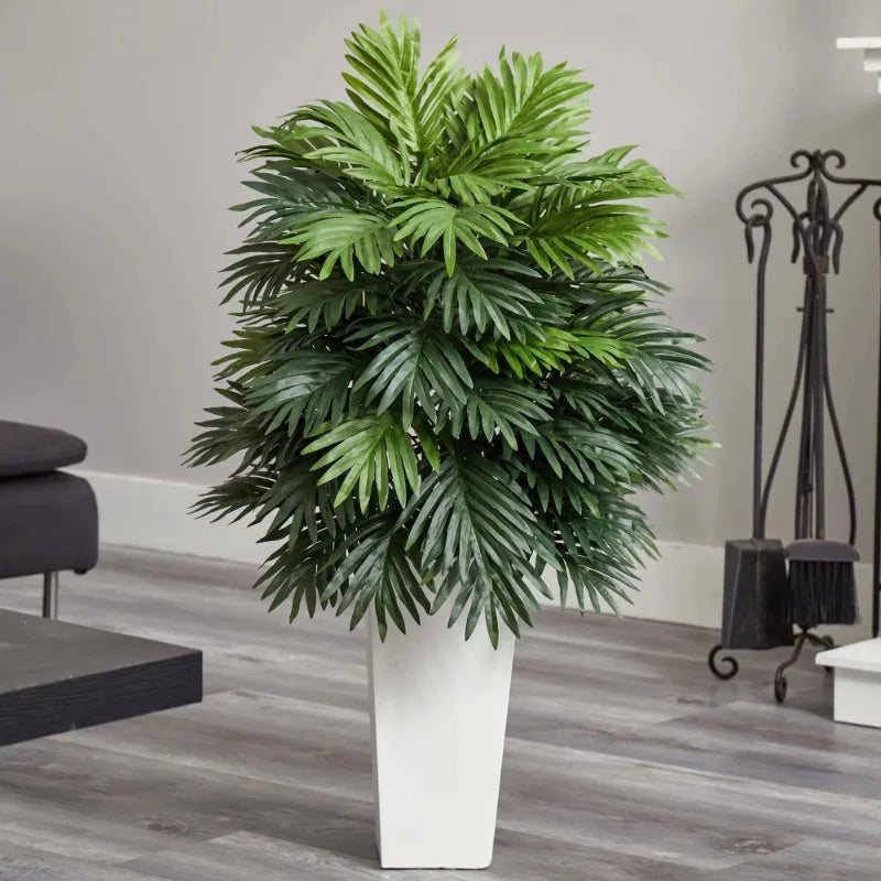 Nearly Natural 40" Areca Palm Artificial Plant in White Tower Planter, Green