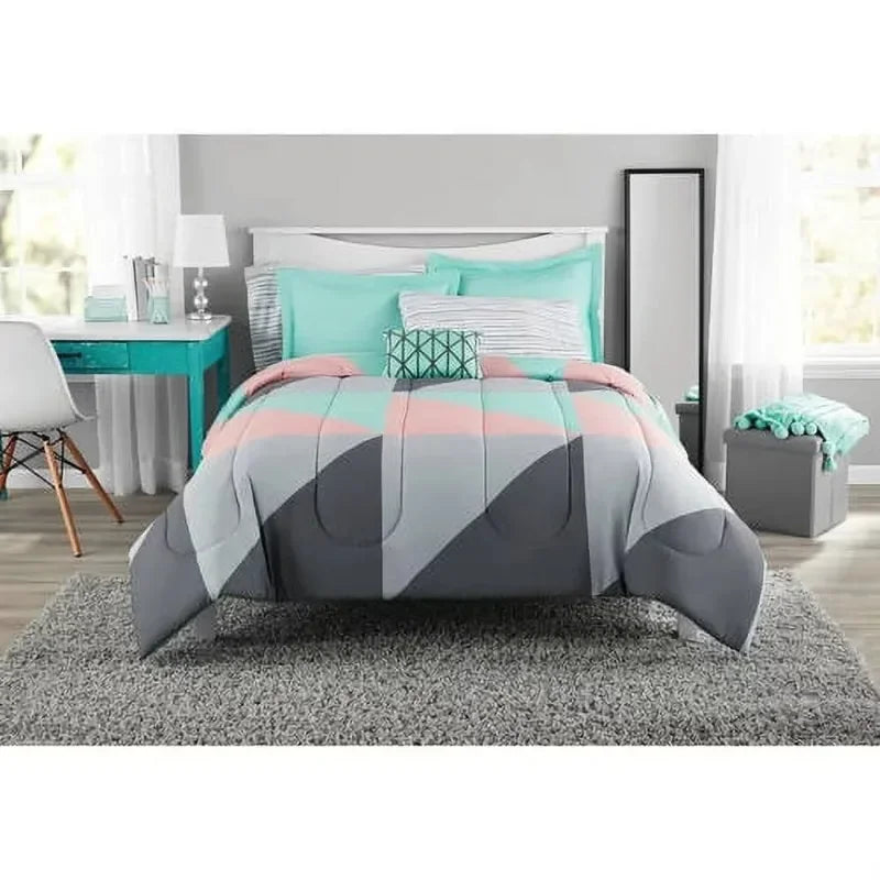 Gray and Teal Geometric 8 Piece Bed in a Bag Comforter Set With Sheets, Full