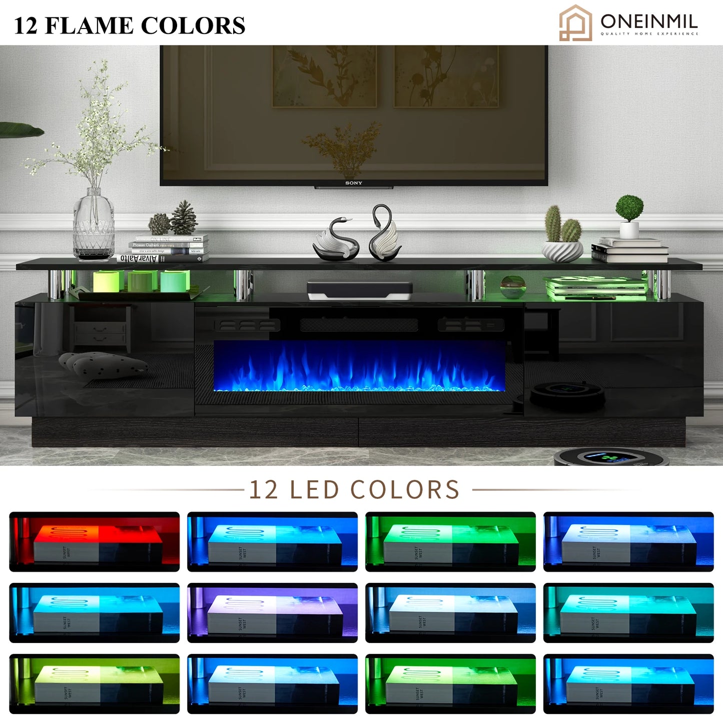 TV Stand with 36" Electric Fireplace, LED Light Entertainment Center, Modern Wood Texture Entertainment Stand, Black