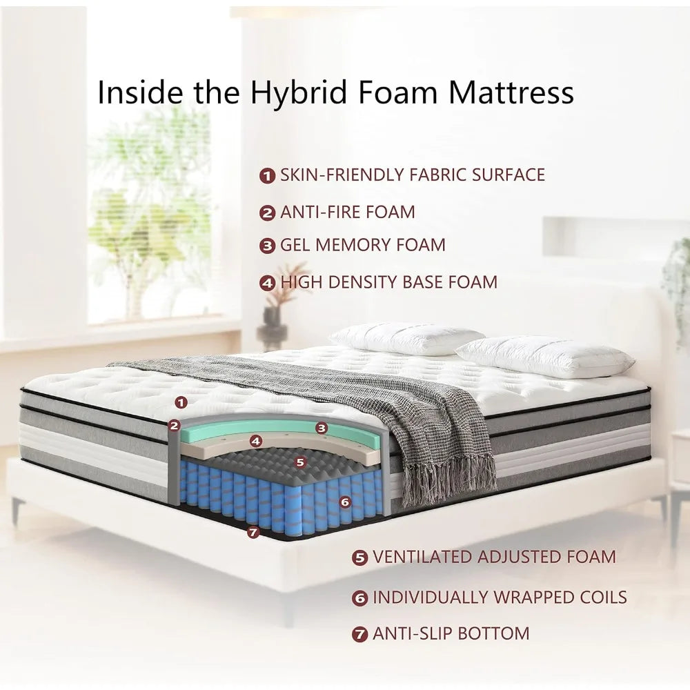 Queen Mattress, 14 Inch Hybrid Mattress in a Box with Gel Memory Foam