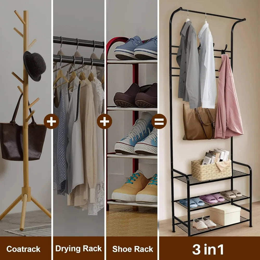 Coat and Shoe Rack 3-in-1 Metal Hall Tree with 3-Tier Shelf and 16 Hooks