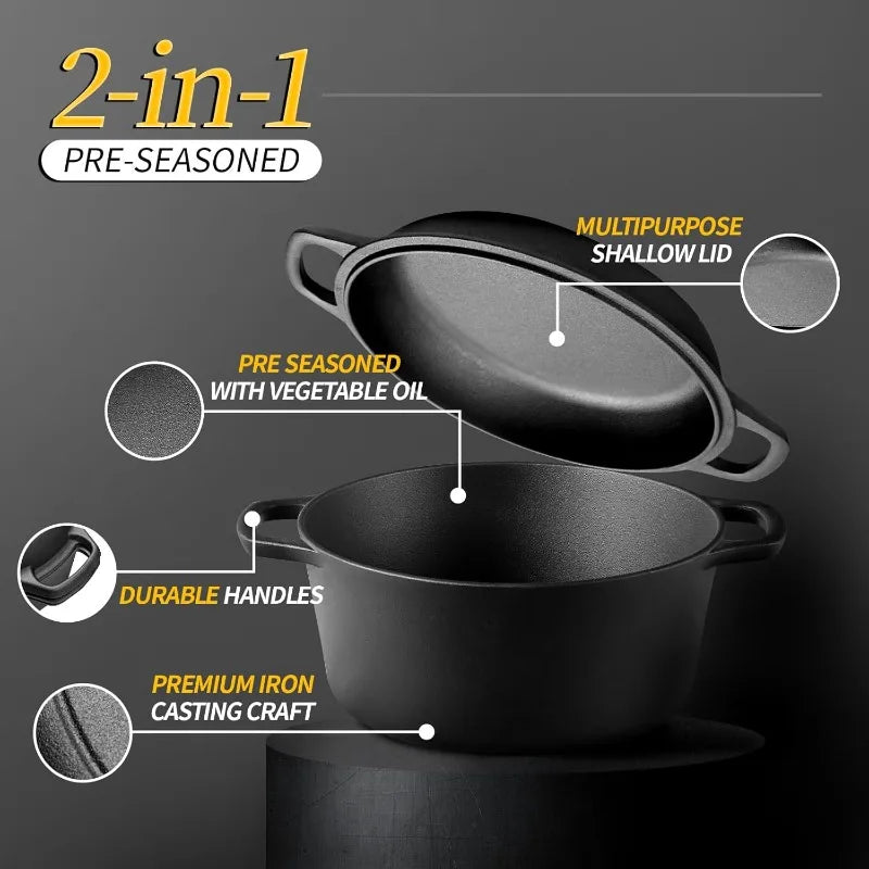 2025 2-in-1 Pre-Seasoned Cast Iron Dutch Oven Pot with lid