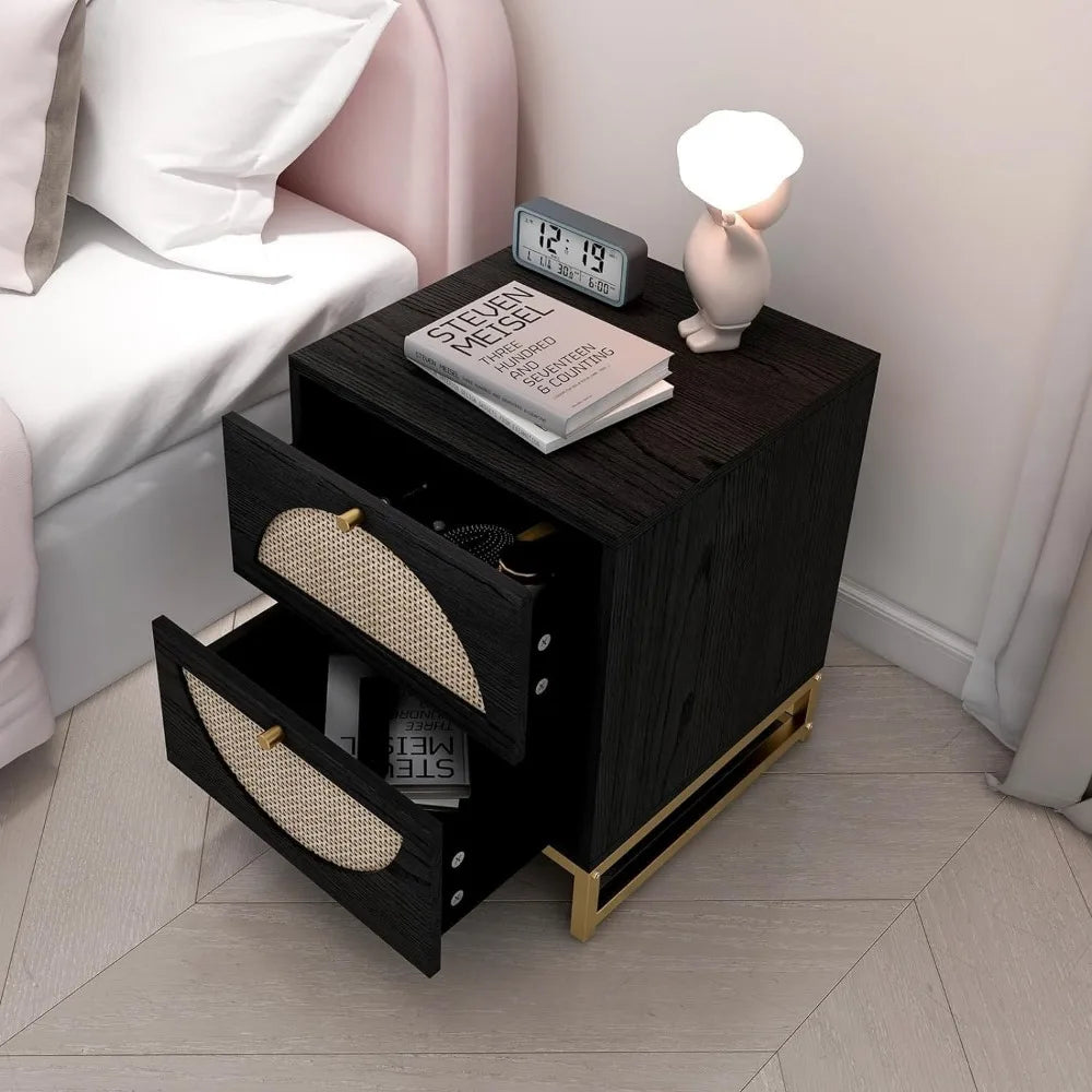 Side Table Nightstand Storage, Black Set of 2