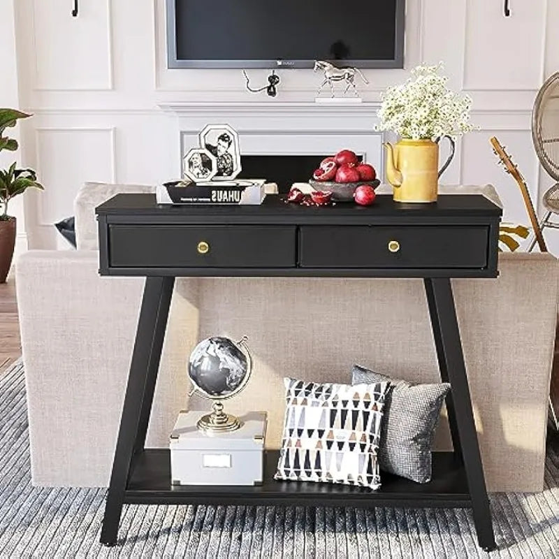 Black Narrow Entryway Table with Shelves and storage