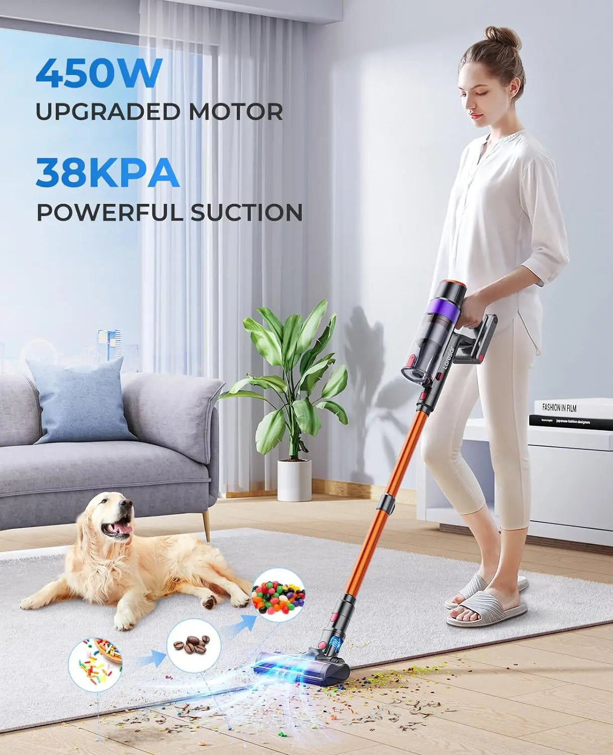 Laresar Cordless Vacuum Cleaner Home appliance 450W Powerful Touch Screen 55 Mins Detachable Battery Floor/Carpet/Pet Hair