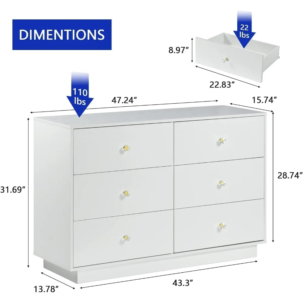 White LED 6 Drawer Modern Dresser with Diamond Handles