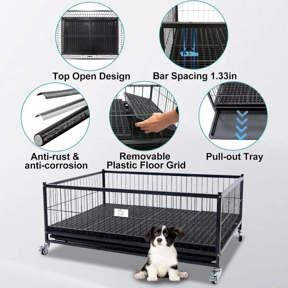 43" Dog Whelping Box for Puppies with Washable Plastic Floor, Removable Tray and Wheels