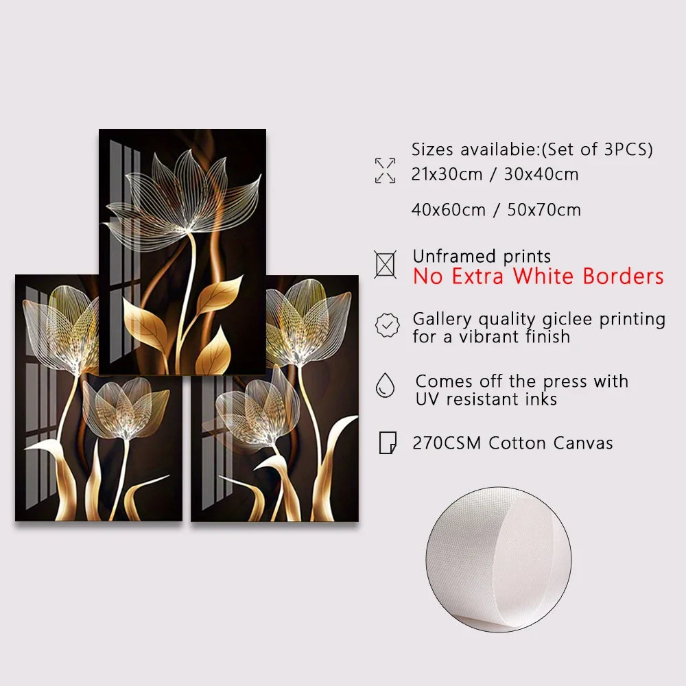 3PCS Black and Golden Flower Wall Art Canvas Painting for Living Room