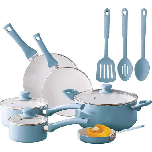 Ceramic Nonstick 12 Piece Cookware Set, Aqua, Hand Wash Only Pots and Pans