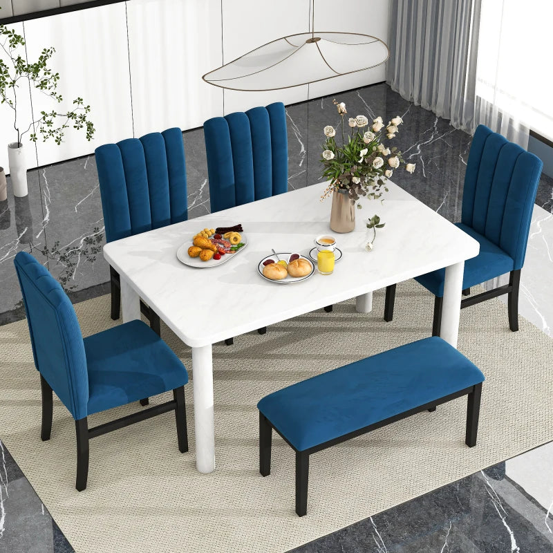 6-Piece Dining Table Set with Marble Table and 4 Upholstered Dining Chairs & Bench