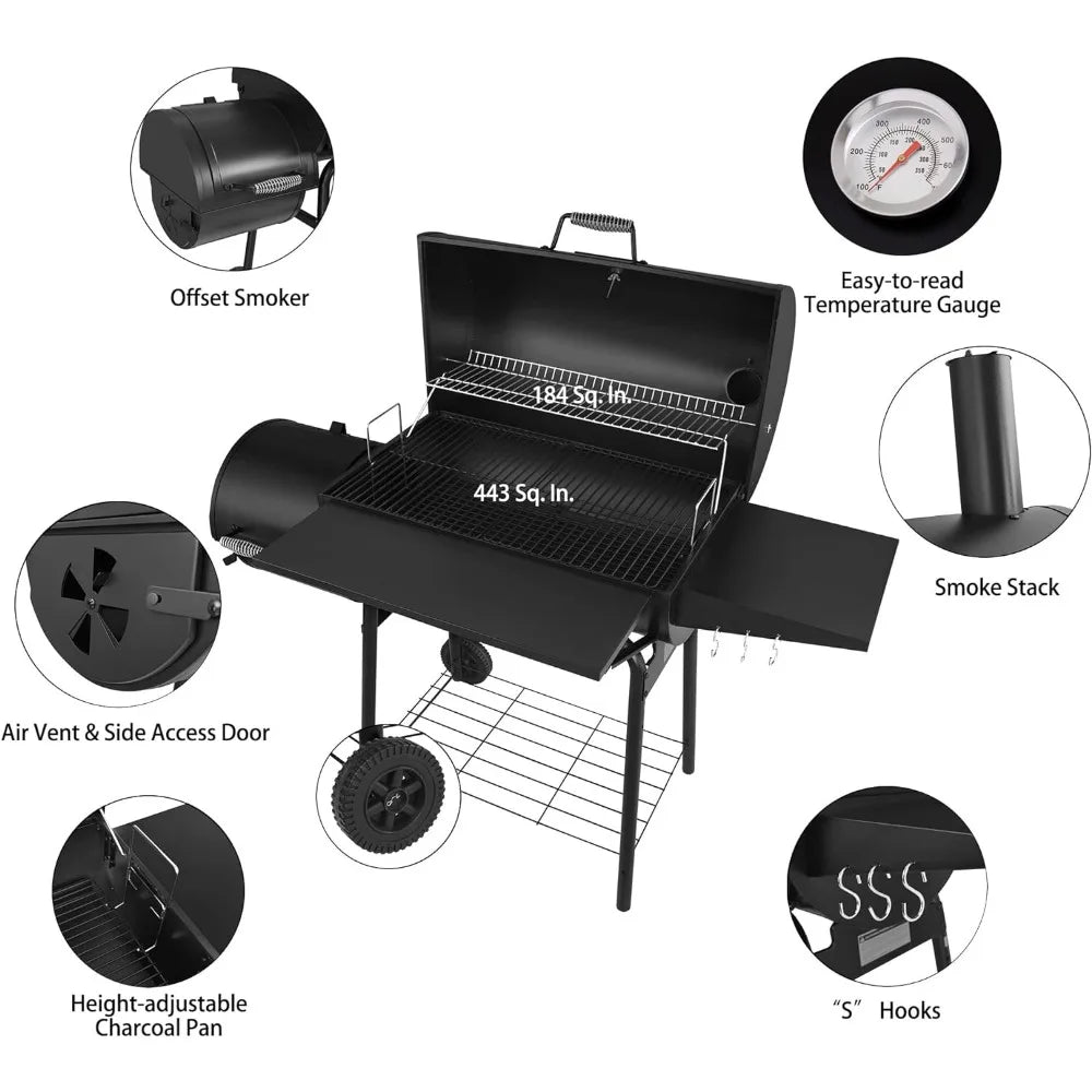 30" BBQ Charcoal Grill and Offset Smoker 811 Square Inch cooking surface, Adjustable Pan, Temperature Monitor