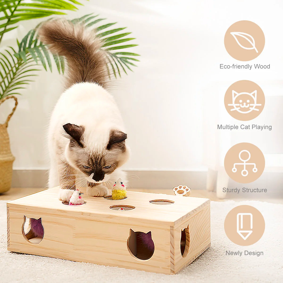 Cat Toys Interactive Whack-a-mole Solid Wood Toys for Indoor Cats