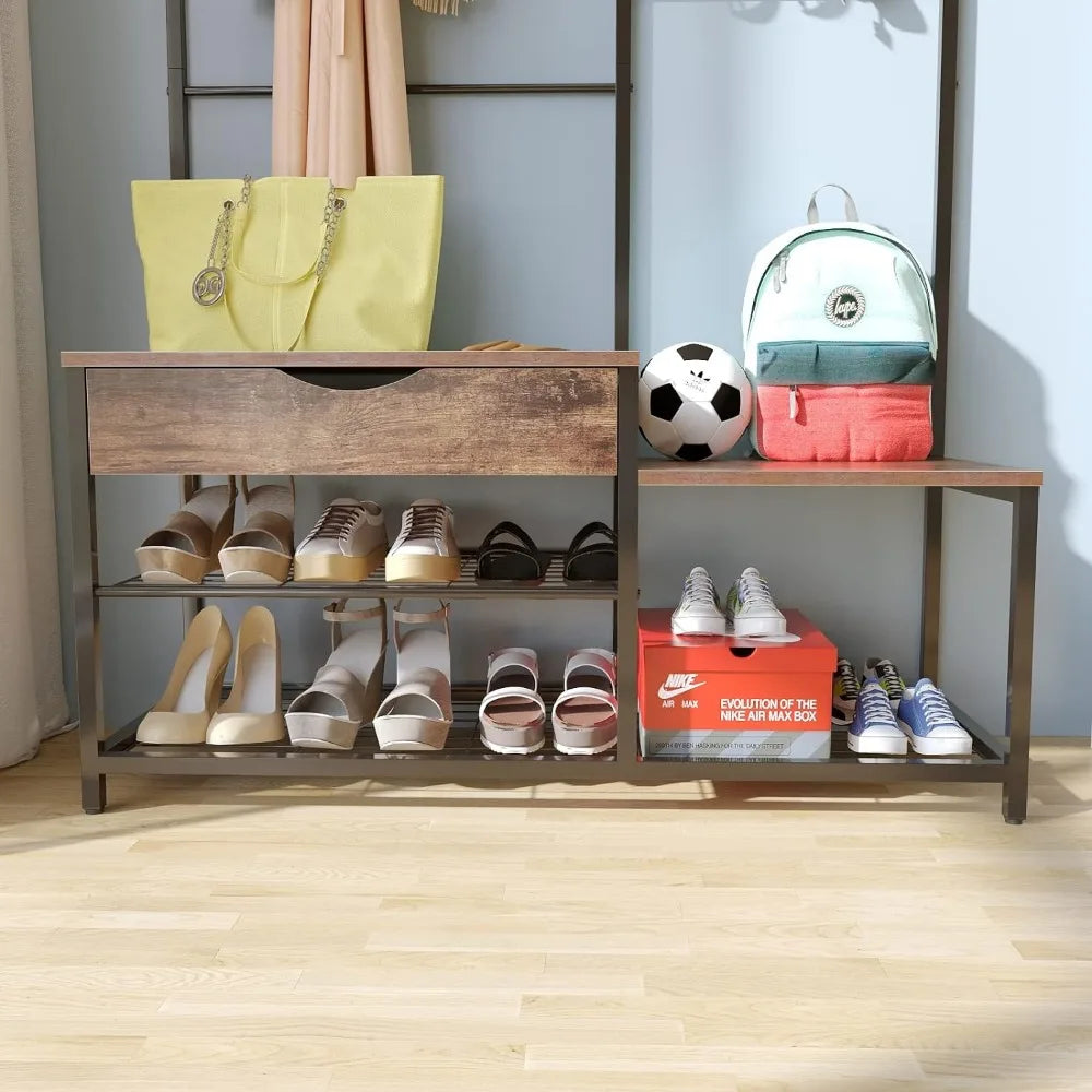 FloorCoat Rack with Entryway Bench and Shoe Storage Stand Hanger